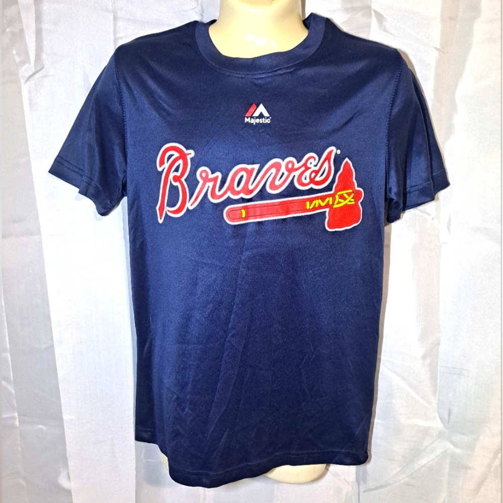 Atlanta Braves T-shirt Boy's Medium 10/12 Majestic Blue Unisex Kids MLB Baseball